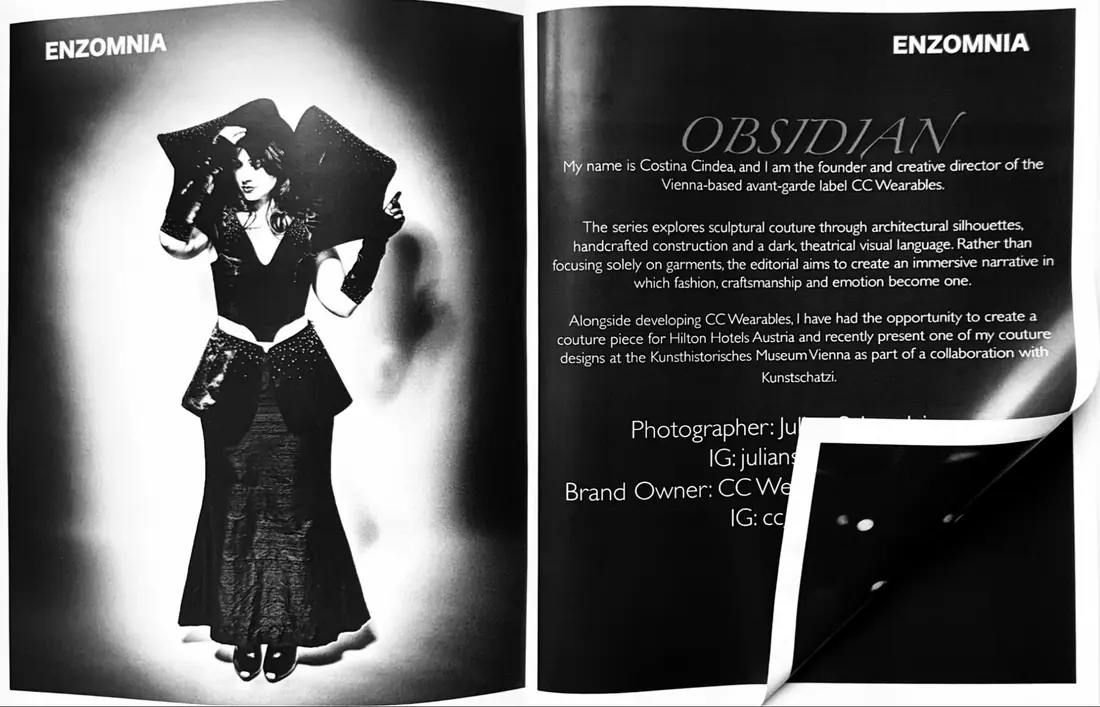 Open spread of Enzomnia Magazine with the Obsidian editorial: the collar dress and its sculpted headpiece.